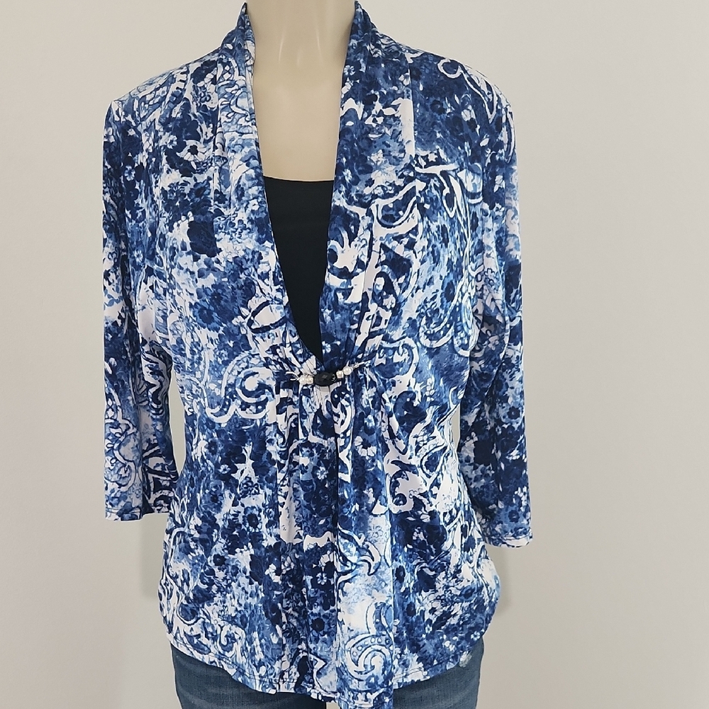 Notations Womens Navy and White Abstract Blouse 3/4 Sleeve Saze L